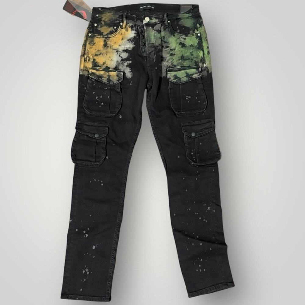 NWT Art Meets Chaos Donwan Harrell Cargo Jeans 34 Black Acid Wash Paint Splatter